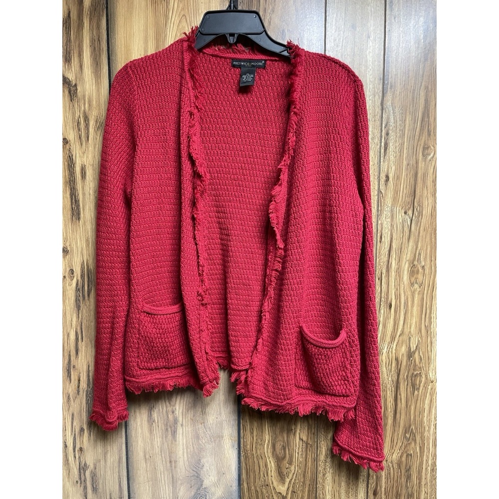 Preswick & Moore Womens Open Cardigan Knit Sweater Petite Large Red Fringe